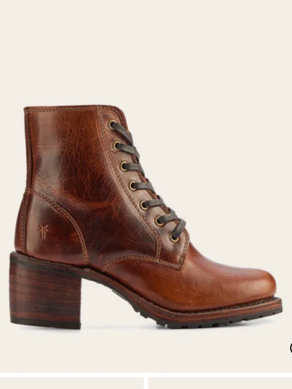 Frye Sabrina 6g Laceup Stacked Heel Boots in Cognac Leather size 7.5